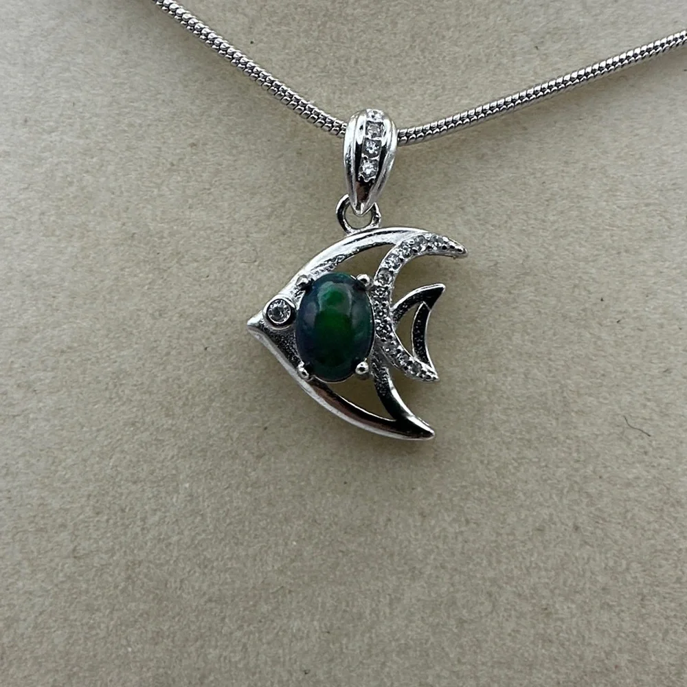Silver Fish Pendant Necklace with Opal on Chain - Picture 1 of 9